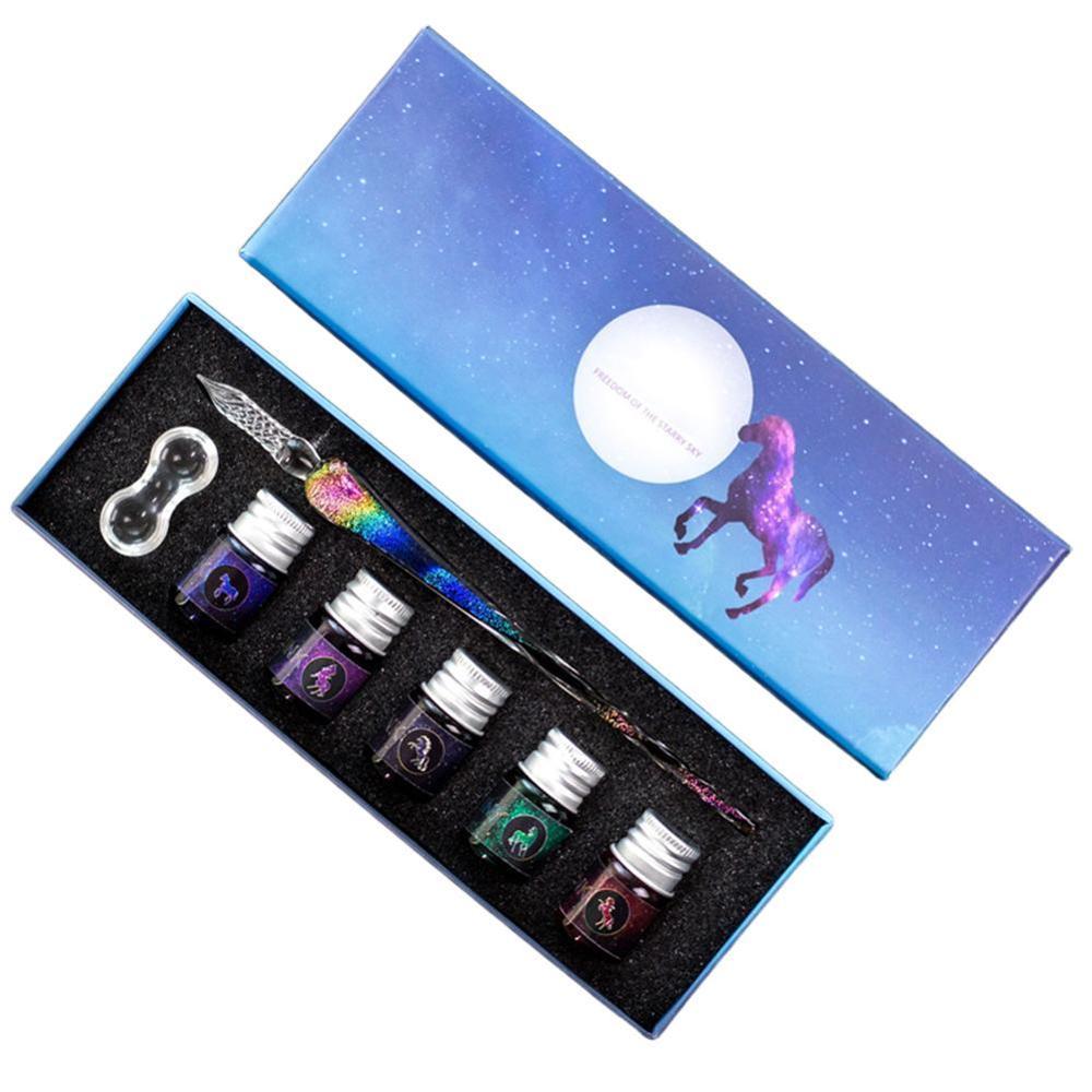 Glass Fountain Pen Water Set Student Crystal Fountain Pen Ink Pen Stationery Handmade Box E7D1: Default Title