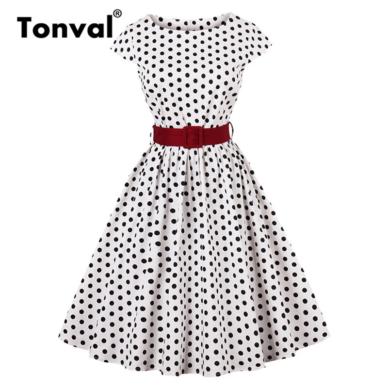 Tonval Retro Rockabilly Plaid Tunic Dress Women Cap Sleeve 50S Vintage Gingham Dress Summer Belted Cotton Dresses: Dot / M