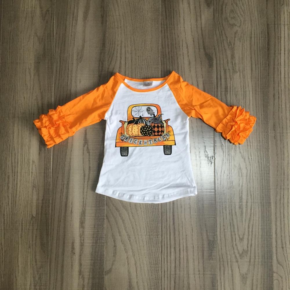 Girlymax automne Halloween tour ou orange citrouille camion haut en coton manches de glaçage t-shirt bébé filles raglans boutique enfant