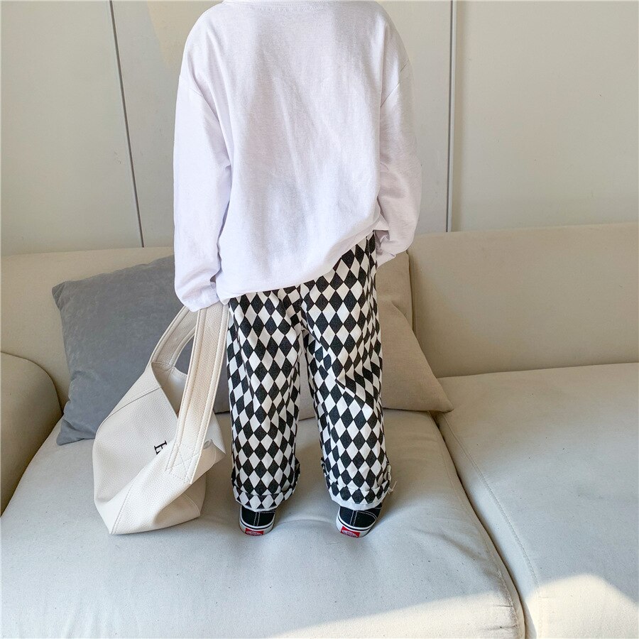 1428C Kinderen Casual Rechte Broek Lente Herfst 2022 Diamant-Vormige Jongen Casual Broek Dambord Broek Meisje Broek