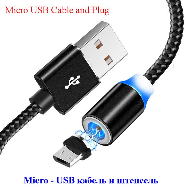 Cable magnético Micro Usb tipo C, carga súper rápida para teléfono iPhone y Xiaomi, luz LED, 1M: Black  Andriod Plug