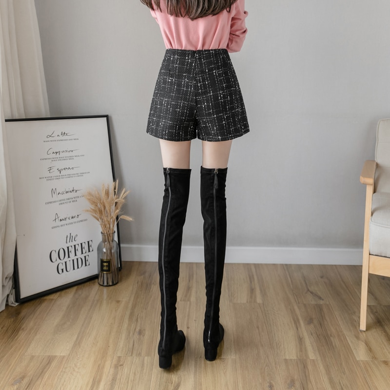 Tweed rutiga shorts kvinnor hög midja lösa koreanska shorts kjol höst vinter smala breda benbottnar oregelbundna kvinna shorts
