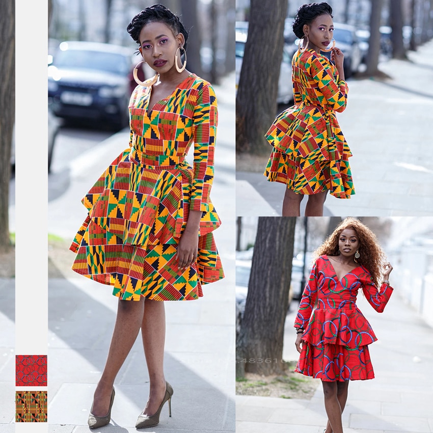 Mode Afrikaanse Kleding V-hals Sexy Hoge Taille Jurk Dames Lange Mouwen Dashiki Kleding Elegante Afrikaanse Jurken Voor Vrouwen Party