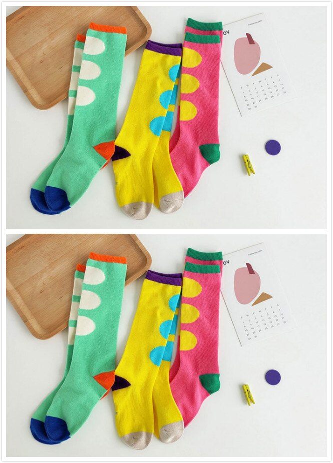 Korean style boys girs autumn winter dot knitted knee-high children cotton corlorful socks 6 pairs sets: S (1-3years)