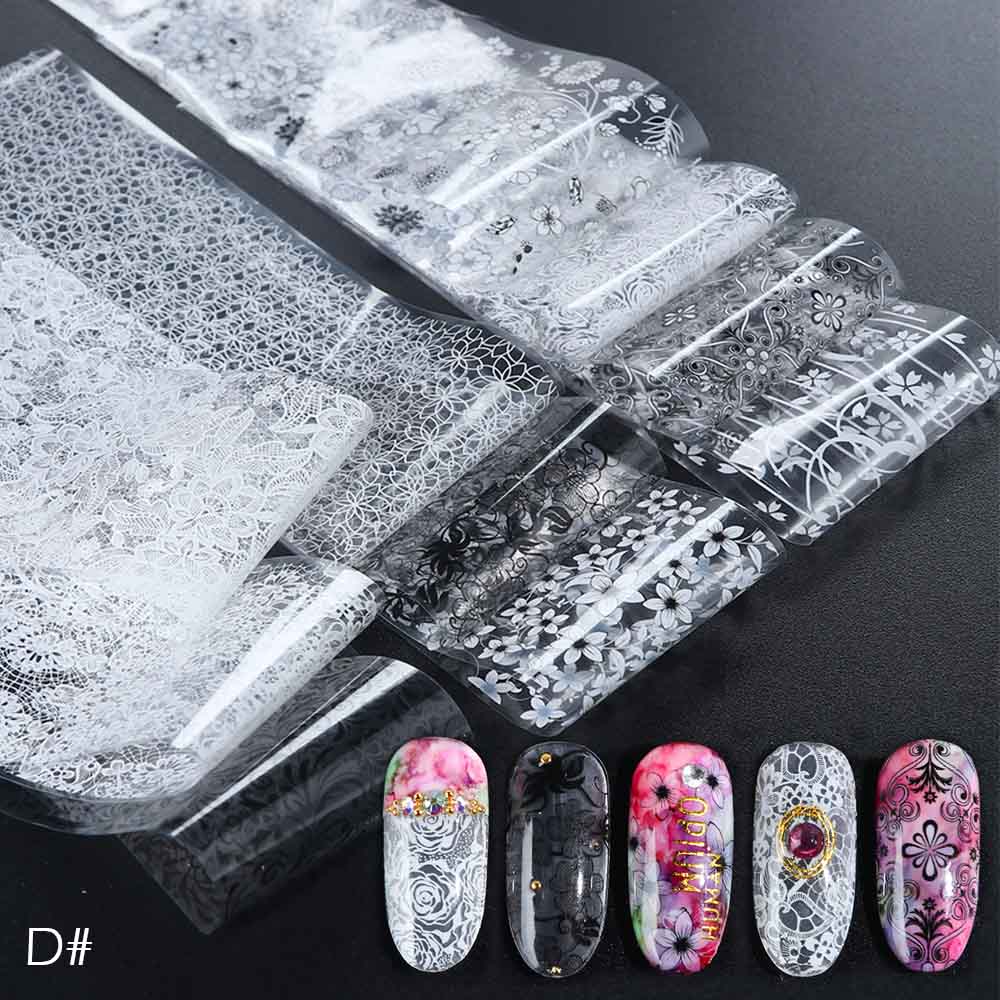 Holografisk stjärnklar nagelfolieuppsättning vit spetsblomma färggradient manikyr nail art överföring klistermärke foliedekoration dekal  sa798: D