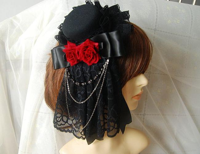Gothic Lolita Hoofdtooi Retro Mini Top Hat Met Kant &amp; Bloem Roos Ketting Steampunk Haar Clip Accessoires