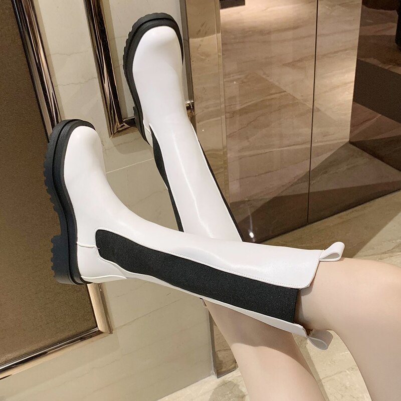 Rimocy Pu Leather Platform Knie Hoge Laarzen Vrouwen Zwart Chunky Lange Chelsea Laarzen Vrouw Slip Op Herfst Bota Feminina