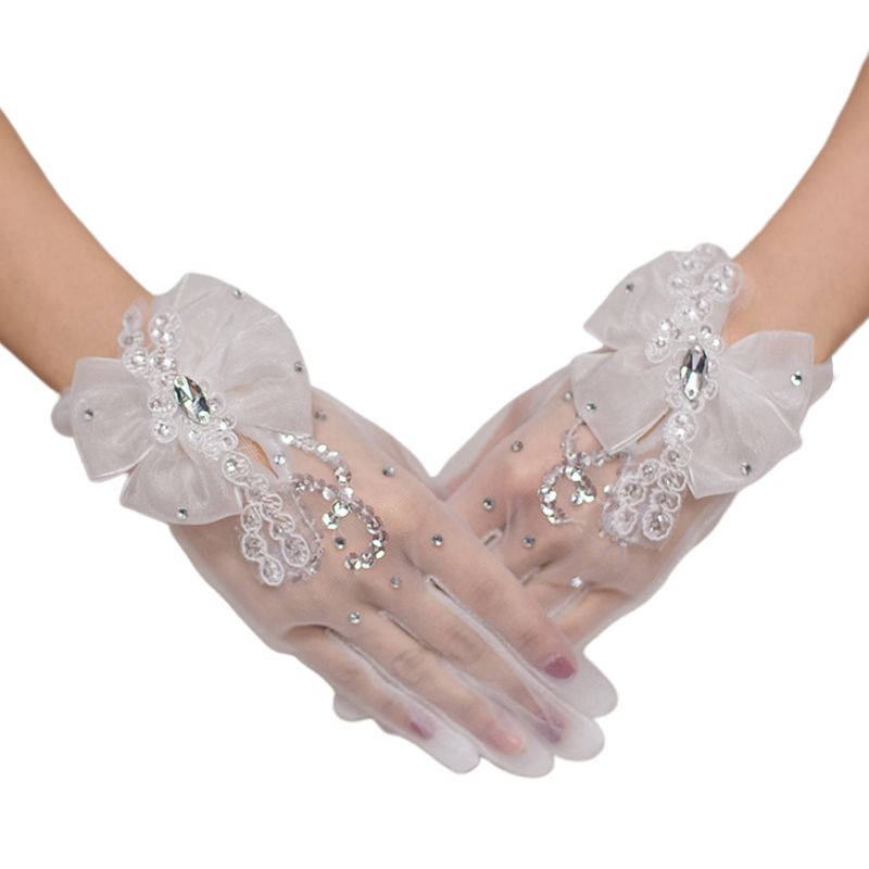 Koreaanse Dames Korte Volledige Vinger Bruiloft Handschoenen Strik Borduurwerk Pailletten Kant Water Rhinestone Bruids Wanten
