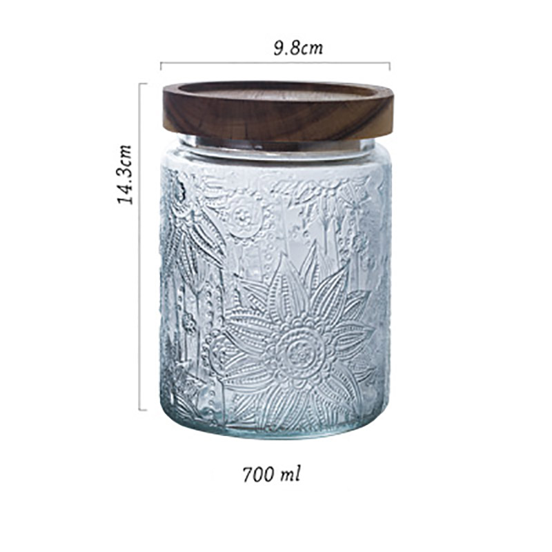 Relief Glass Storage Jar Carved Flower with Wooden Lid Sugar Crystal Jars Seal Tea Caddy Grain Dispenser Kitchen Supplies: C-4Solid wood cover