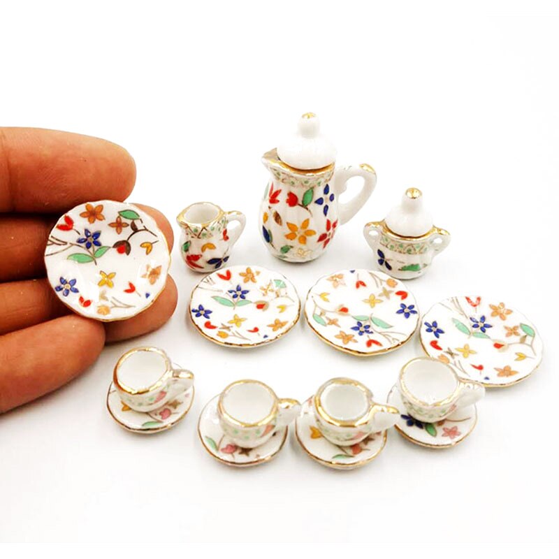 15pcs 1:12 Mini Porcelain Tea Cup Set China Flower Tableware Kitchen Doll House Scene Model Play House Toys