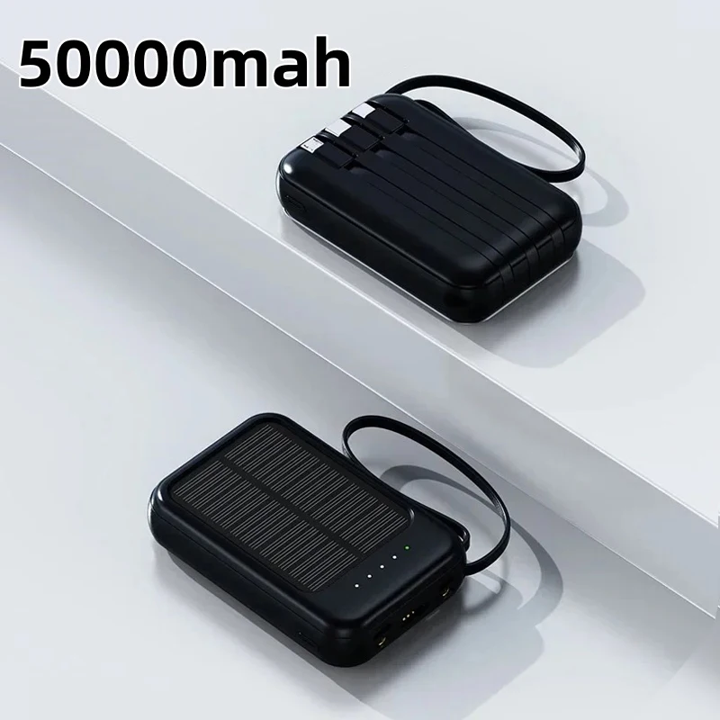 Banco de energía Solar de 50000mah con 4 Cables de carga luces LED batería externa portátil suministro de emergencia para todos los teléfonos móviles: Plata