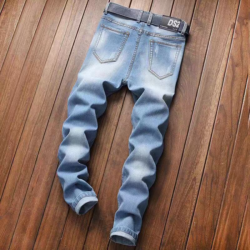 Light Stonewashed Full Length Stripe Regular Zipper Fly Embroidery Straight Mid Jean Biker Jeans Men