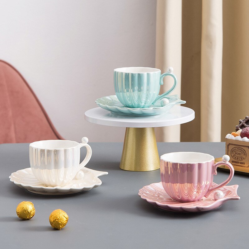 Taza y platillo de perlas de concha hermosa para café, té, vajilla de cerámica para cocina y oficina, elegantes de café de cumpleaños y boda, 240ml