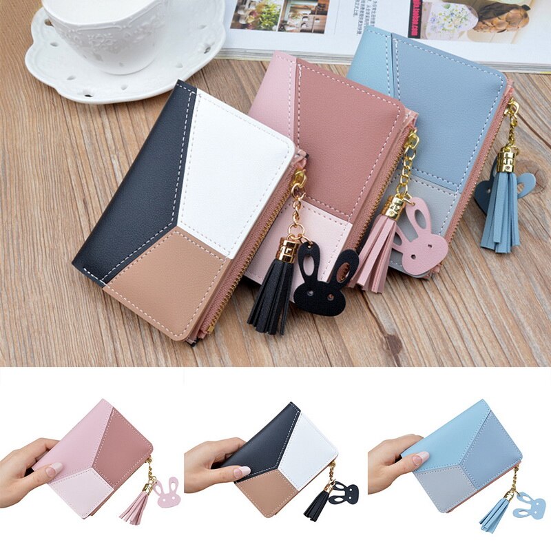 Cartera con cremallera a la para mujer, cartera con borla empalmada, versátil, de cuero PU, tarjetero, billetera encantadora pequeña informal para mujer