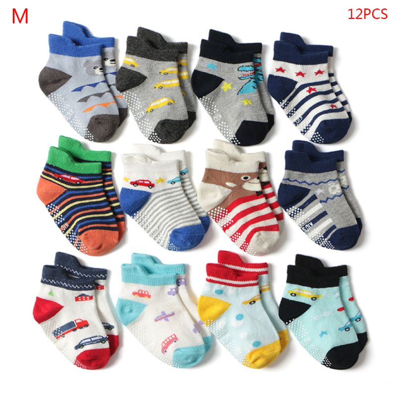 12 par/set de Calcetines antideslizantes de algodón para bebés y bebés, suelo de dibujos animados, cómodo para niños y niñas: M