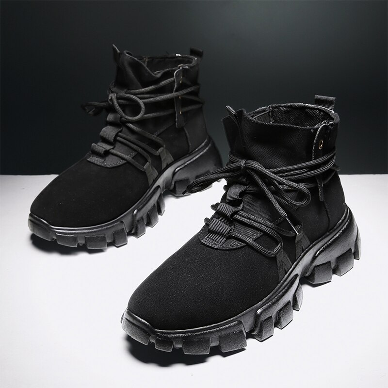Bigfirse herr casual high top boots snörning herr skor korta boots herr sneakers lätta trend skor vår/höst: Svart / 8.5