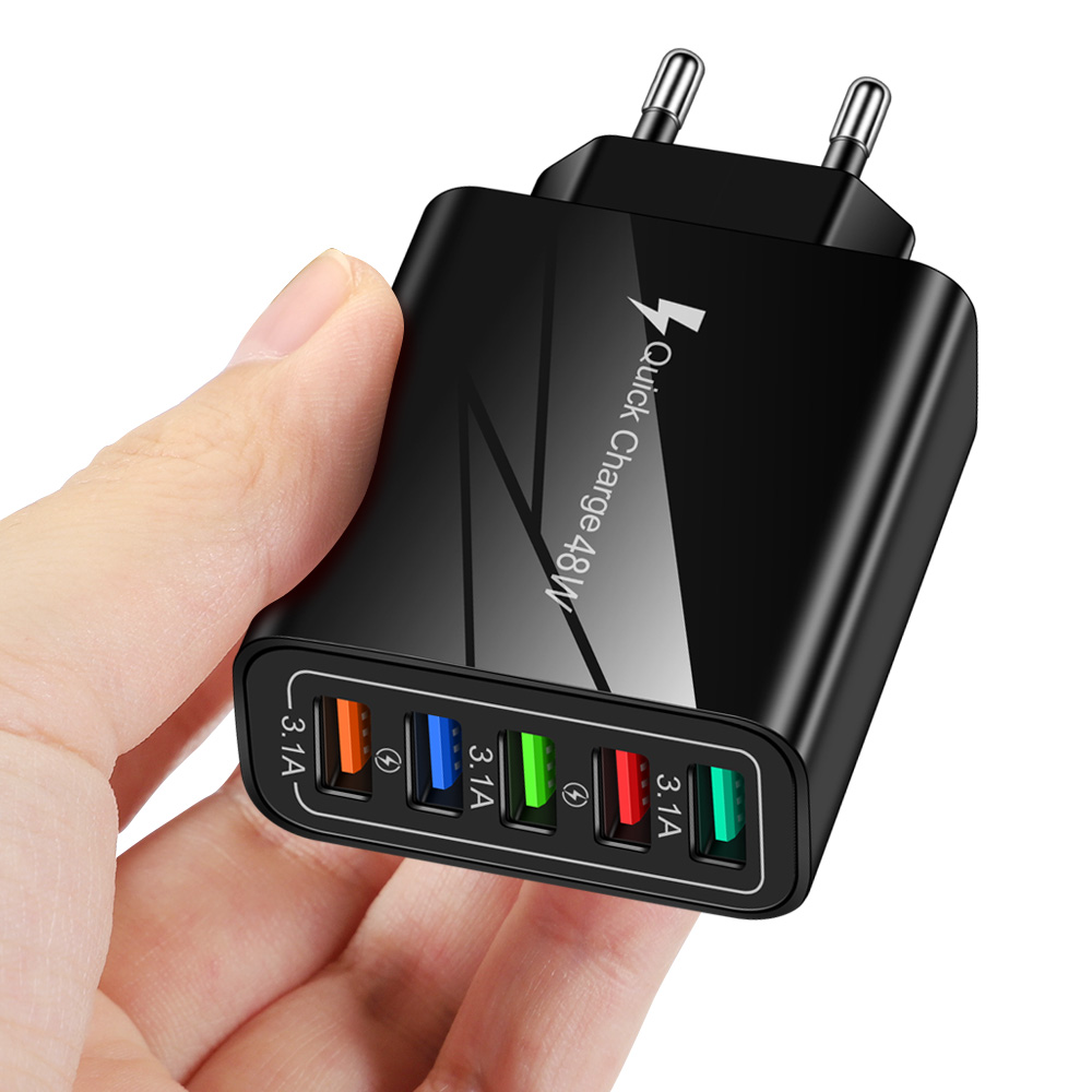 48W 5 USB Fast Phone Charger Quick Charge 3.0 Wall Mobile Phone Adapter for iPhone iPad Xiaomi Samsung Tablet QC 3.0 USB Charger: Black EU