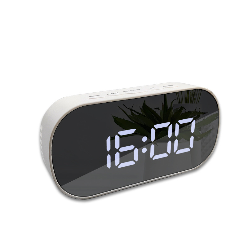 Rundt ledet spejl vækkeur digitalt bordur natlys snooze med temperatur elektronisk despertador hjemindretningsur: B