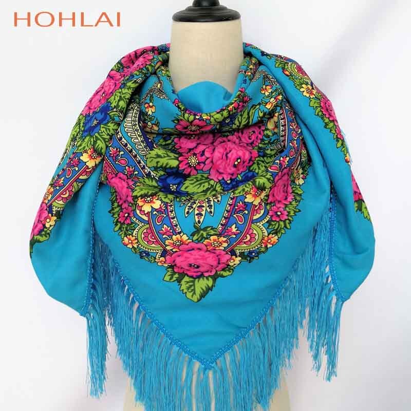 Vrouwen hart bedrukte kwast sjaals, russische grote maten bandana, warme poncho, stola sjaal: Hemelsblauw