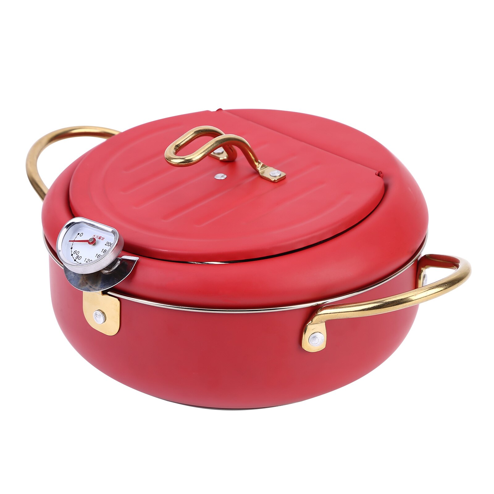Deep Fryer Pot 304 Stainless Steel Deep Frying Pot Pan with Thermometer With Lid &amp; Oil Drip Drainer Rack Household Tempura Fryer: 20CM / Red