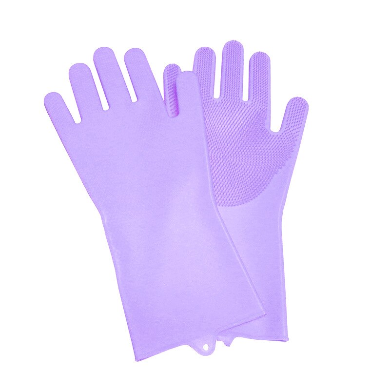 Silikonegummi opvaskehandsker scrubber rengøringsbørste til køkken temperaturbestandige handsker 3 par: Lilla