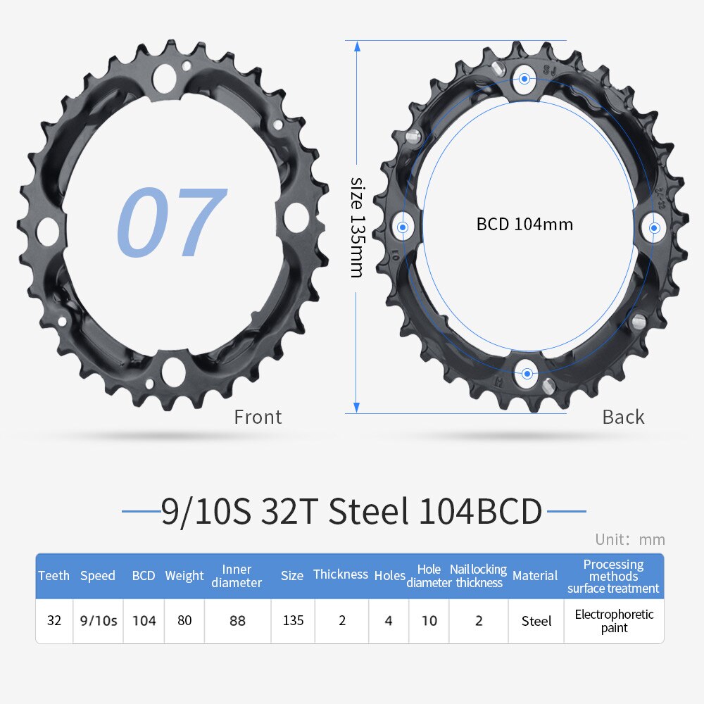 PROWHEEL-plato redondo para bicicleta de montaña, rueda dentada de aleación de acero, 64/96/104BCD, 22T, 24T, 30T, 32T, 40T, 42T, 44T: 10S 32T Steel 104BCD