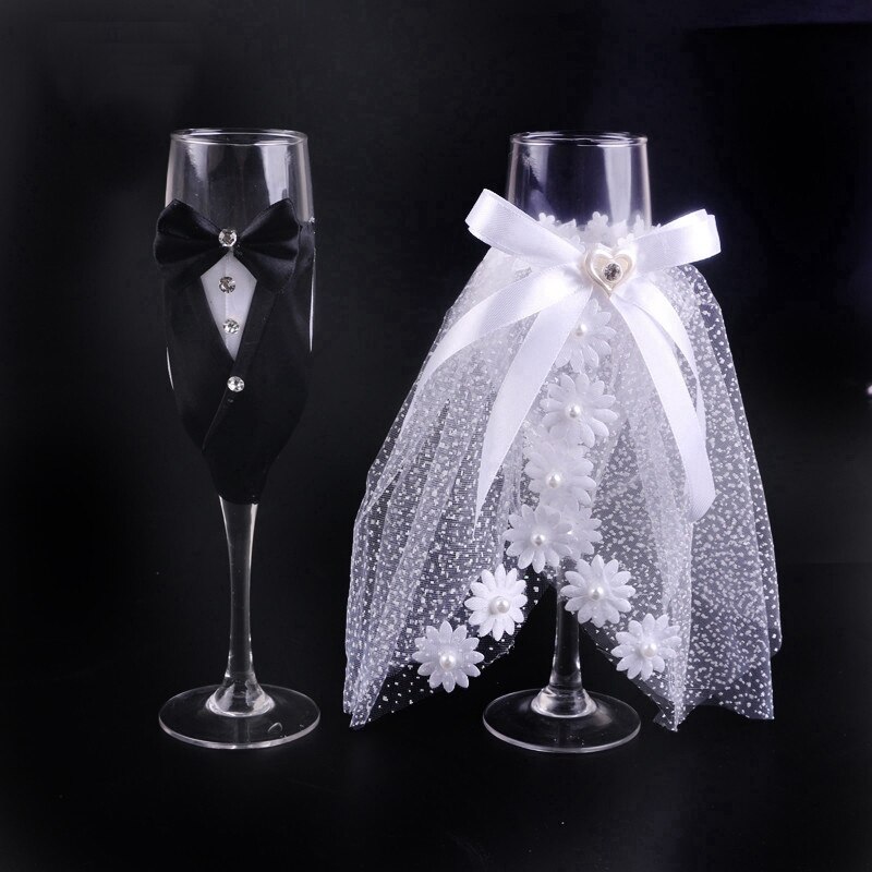mariée et marié robe en dentelle Champagne flûtes de mariage ensemble de verres tasse grillage gobelet mariage maison hôtel décoration