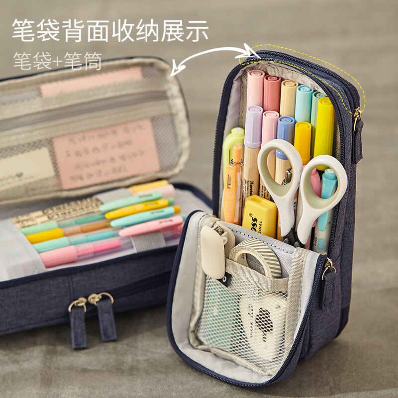 Trousse à stylos coréenne, étui pliable à deux couches, support en tissu pour téléphone, pochette de rangement pour papeterie bureau école