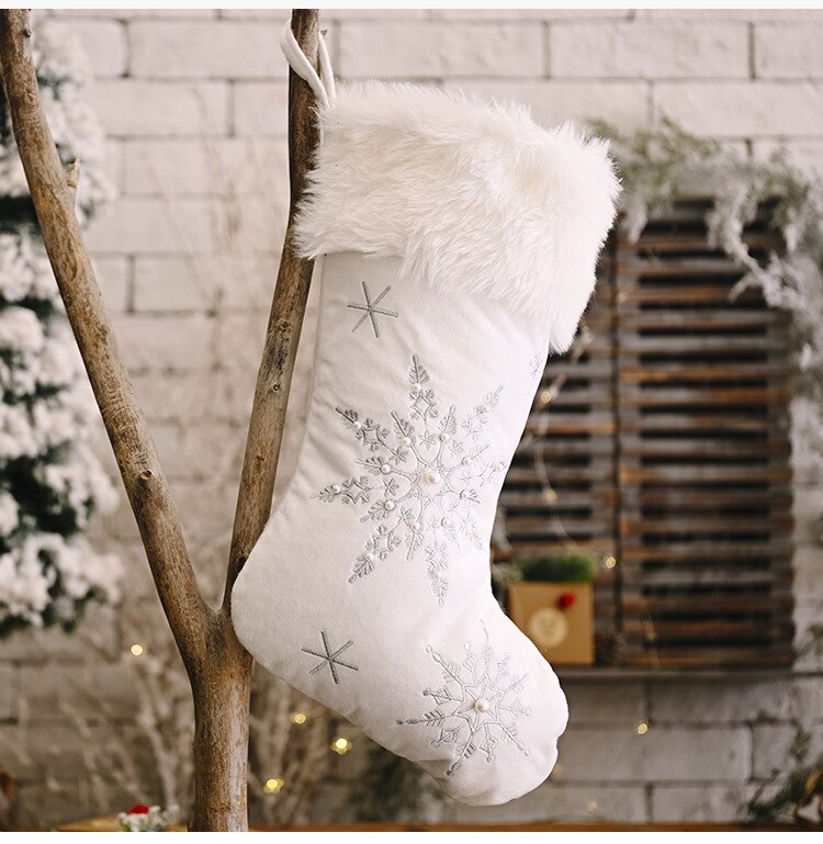Mærke flannel perle snefnug julestrømper plys store julesokker slik sokker juletræspynt: Sølv