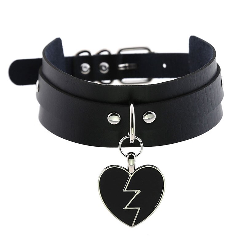 Weibliche Breite Leder Halsband Verstellbare Halsketten Punk Nacht Club Party Jewely Blitz Liebe Herz Anhänger Kragen Halsketten: Black