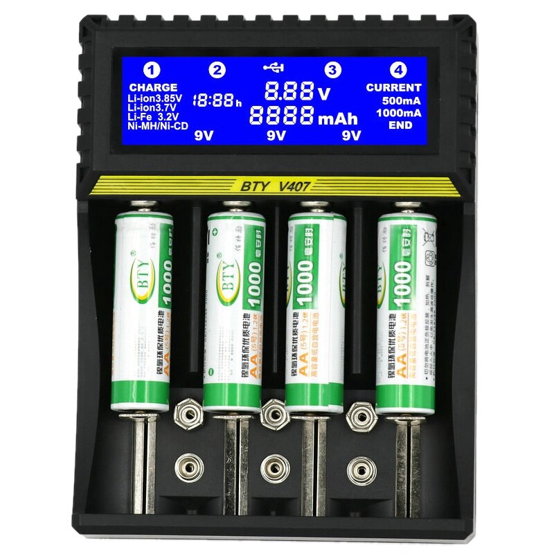 Bty -v407 batterijlader li-ion li-fe ni-mh ni-cd slimme snellader voor 18650 26650 6 f 22 9v aa aaa 16340 14500 batterijlader