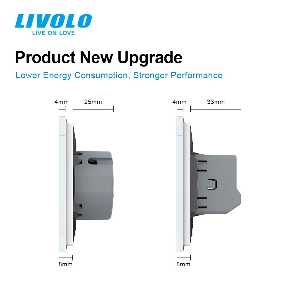 Livolo – interrupteur mural tactile, 2 boutons, sans panneau en verre, variateur Led adaptatif, pour maison, VL-C702D