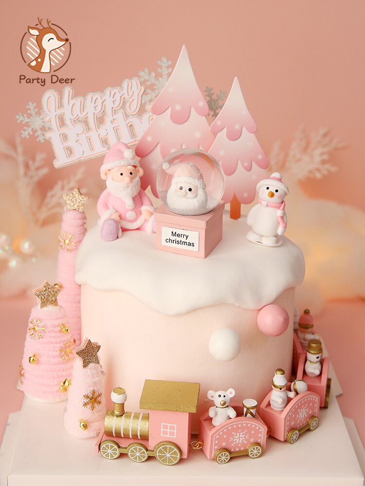 Pink Christmas Tree Bear Santa Claus Xmas Cake Topper for Birthday Party DecorationLove Baby Shower Baking Supplies