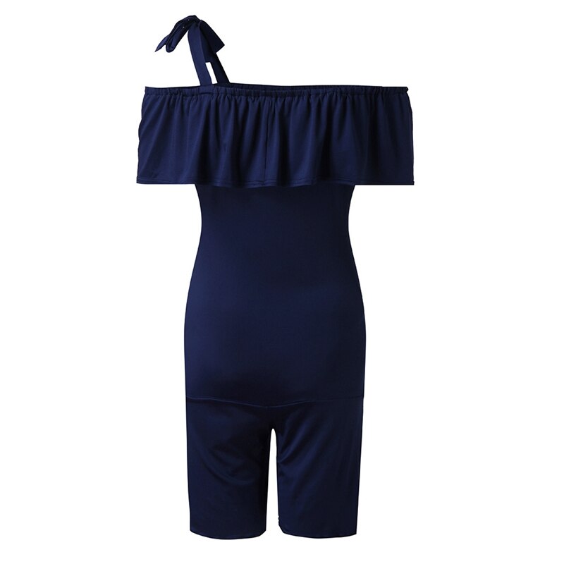 Summer Women Maternity Rompers Ruffles Slash Neck Pregnancy Jumpsuit Solid Pregnant Women Romper Playsuit: Navy / M