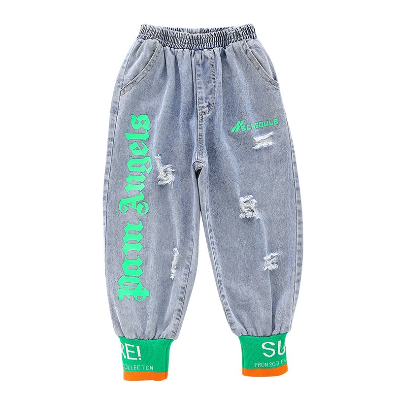 Barn jeans tjejer byxor rivna denim harem byxor hål gröna bokstäver träningsbyxor barn jeans 7 8 9 10 11 12 år tjejer