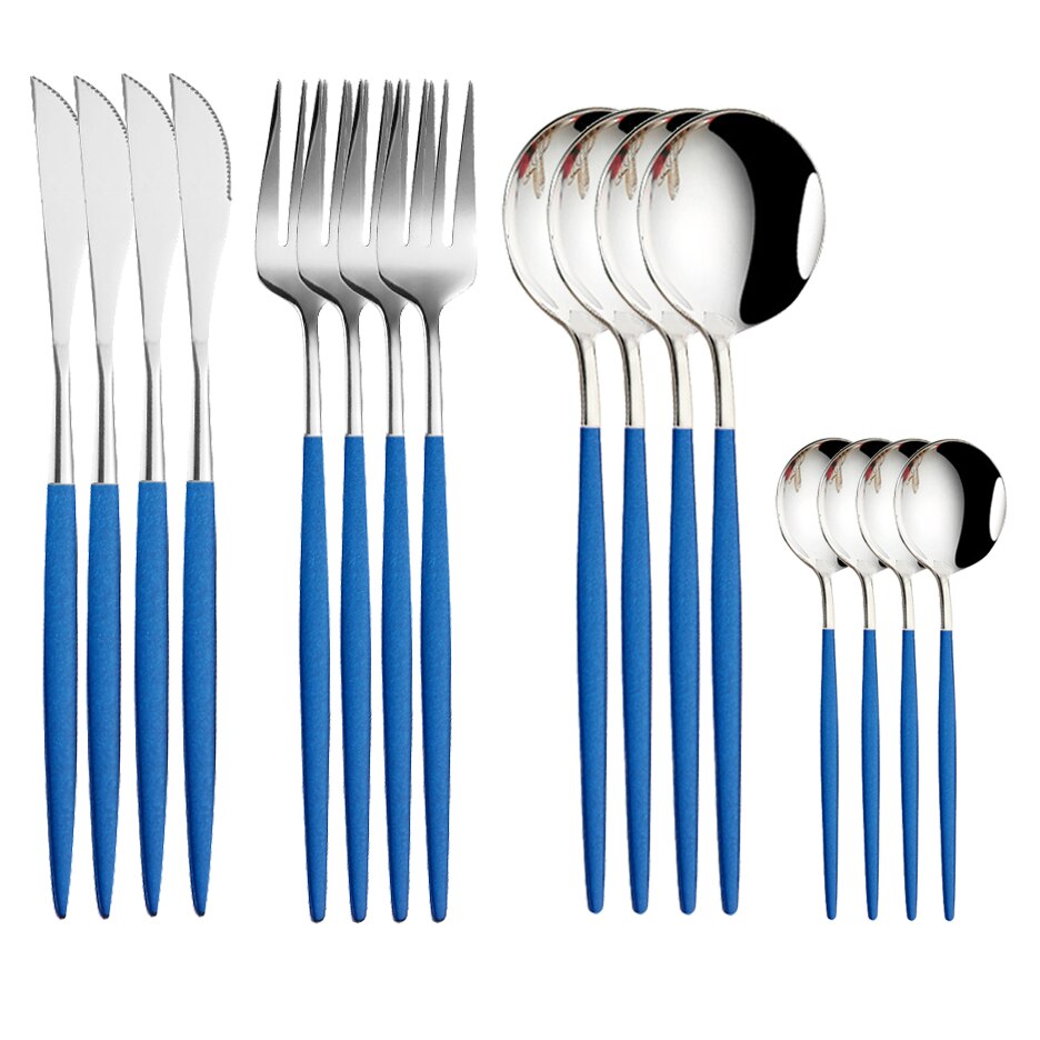 Couverts en acier inoxydable 18/10, 16 pièces, violet et or, fourchette, couteau, cuillère, vaisselle de table, argenterie: Blue Silver