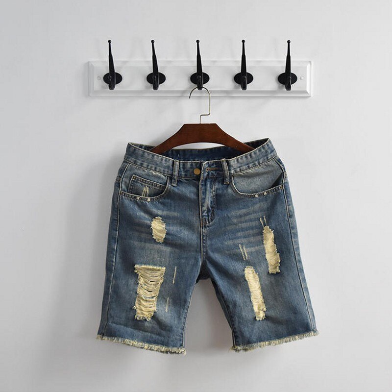 Verano agujero rasgado Big Boy Denim Shorts clásico rodilla lavada Streetwear ropa de playa cremallera Fly pantalones para hombre