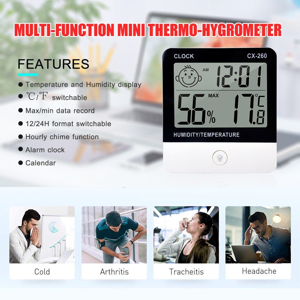 Digital Thermo-Hygrometer Thermometer Hygrometer Indoor Room Temperature Humidity Gauge Meter Alarm Clock for House Office Hotel