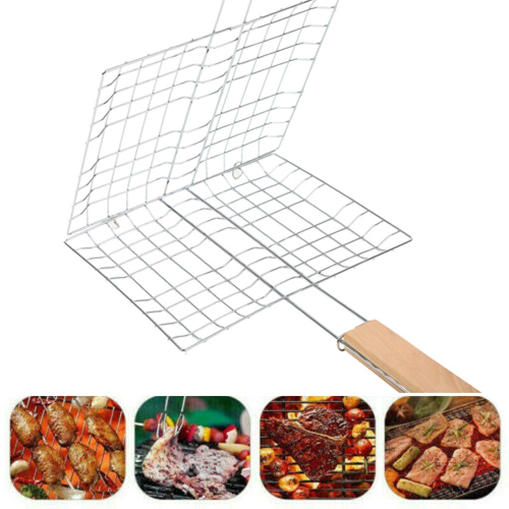 Stainless Steel BBQ Barbecue Grill Grid Portable Outdoor Barbecue Net Grilling Basket Folder Bbq Tools Roast Wooden Handle