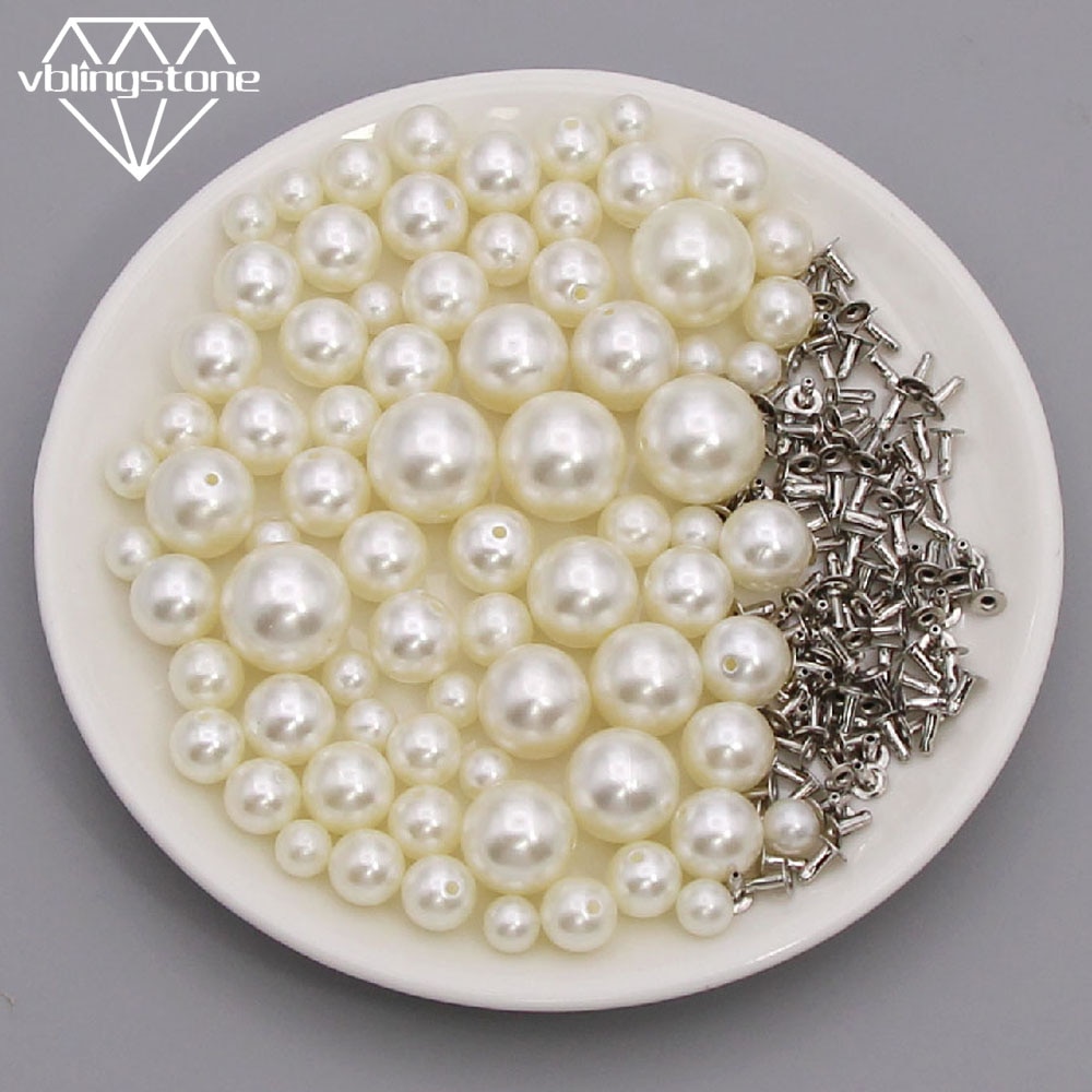 Runde perle nitter perle hvide knopper og pigge til tøj / hatte / bukser diy nitte perler knopper til læder 6/8/10/12/14/16/20mm