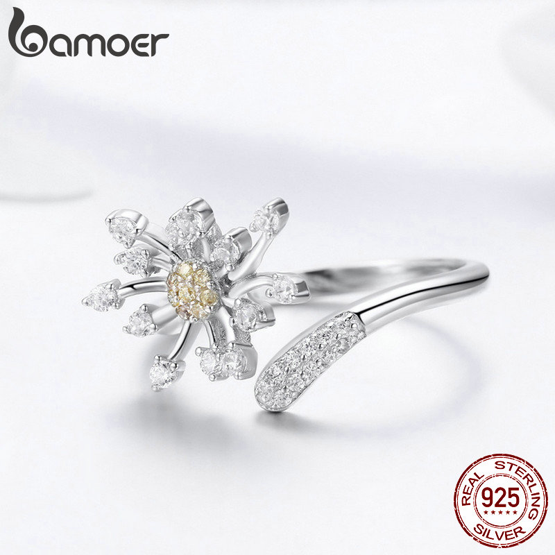 BAMOER Authentische 925 Sterling Silber Blühenden Löwenzahn Liebe CZ Einstellbar Ringe für Frauen Hochzeit Engagement Schmuck SCR471