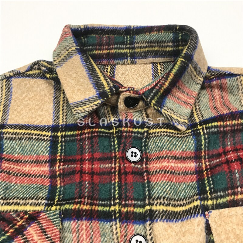 Vinter khaki plaid tyk flannel skjorte patched lommer langærmet beskåret arbejdstøj streetwear