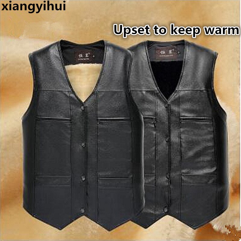 Merk grote maten zwart leren vest heren fleece gevoerde warme jassen mouwloze jas winter leren vest