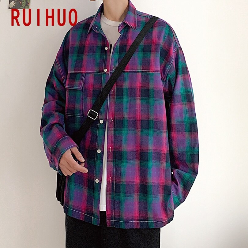 Ruihuo afslappet bomuld herre skjorte plaid skjorte mænd skjorter til mænd tøj ternet skjorte mænd bluse m -2xl efterår: Lilla / Xl