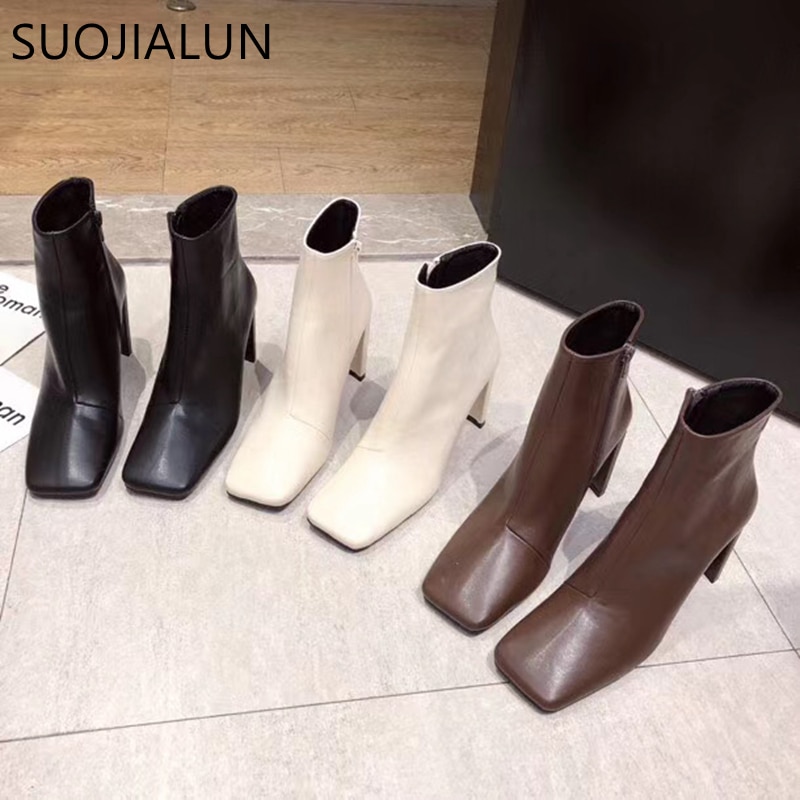 Suojialun dames enkellaarsjes met vierkante hak, dames korte laarzen met vierkante neus en rits, dames herfst/winter pumpschoenen