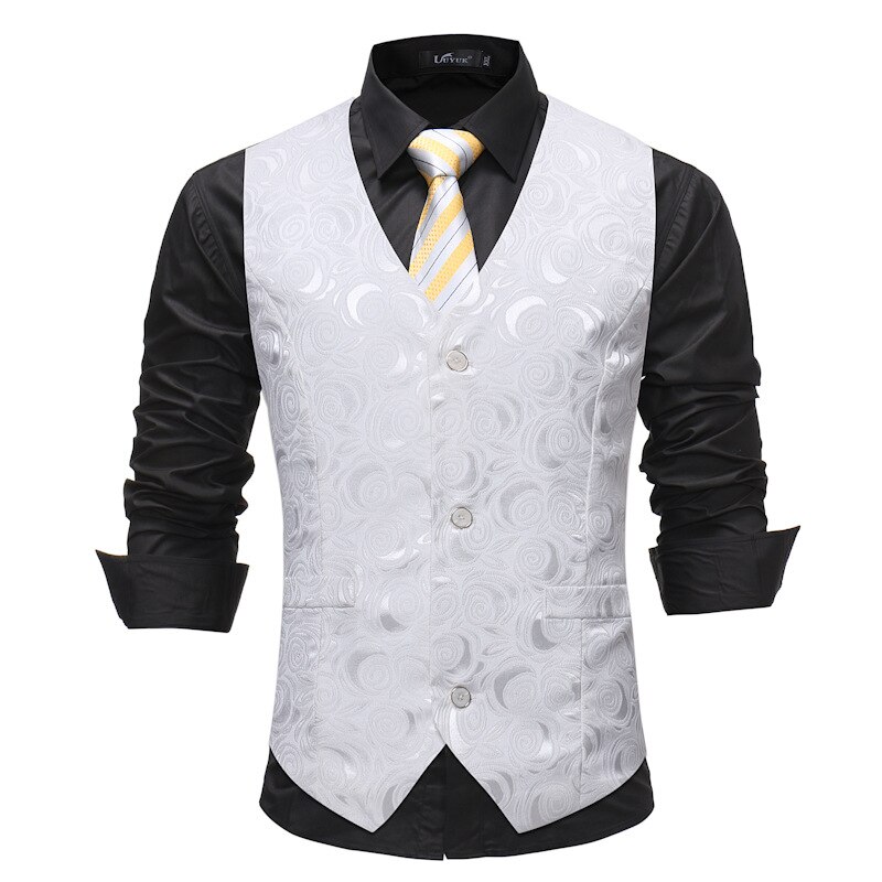 Mens Gentleman White Single Breasted Suit Vest Rose Printed Wedding Dress Vest Tuxedo Waistcoat for Business Man: S
