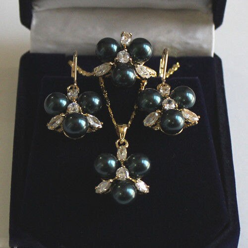 Prett Lovely Women's Wedding Rare 8mm Black South Sea Shell Pearl Earrings Ring & Necklace Pendant Jewel Set