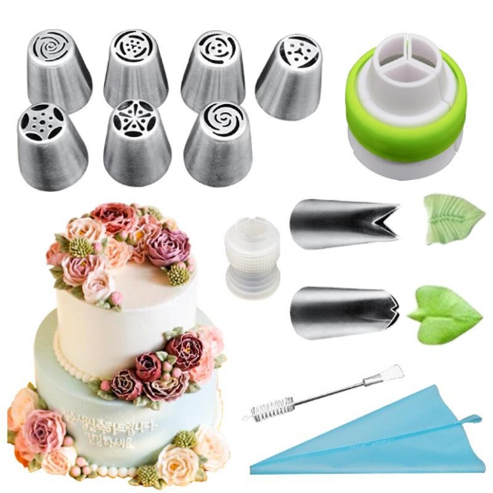 Msjo 11 Uds boquillas rusas de glaseado de tulipán boquillas de pastelería inoxidable boquillas de bolsa de confitería boquillas con acabado de hojas Juego de Herramientas de decoración de pasteles: 13 pcs 1 set