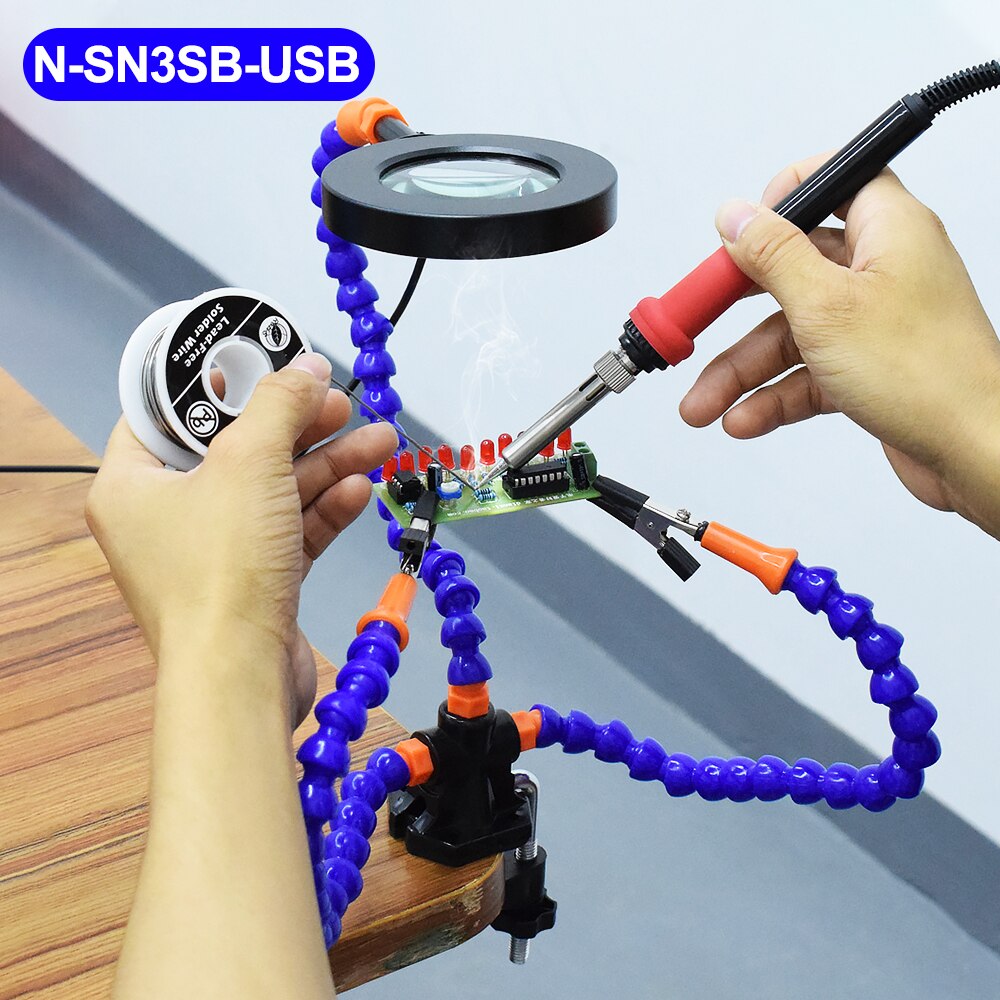Toolour Third Arm Soldering Station USB LED Light Magnifier With 3pcs Flexible Arms Helping Hands For Repairing Welding PCB Tool: N-SN3SB-USB
