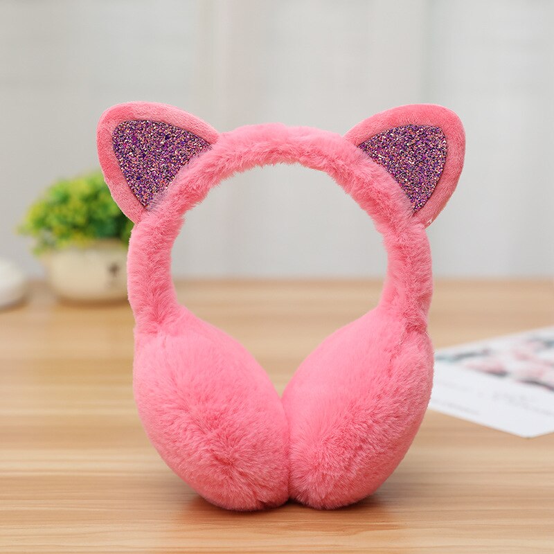 Ear Muffs Cat Animal Ears Warmer For Women Girls Cute Winter Outdoor Ear Cover Warm Sequin Earmuffs Fluffy Earflap Ear Warmers: Rose Red